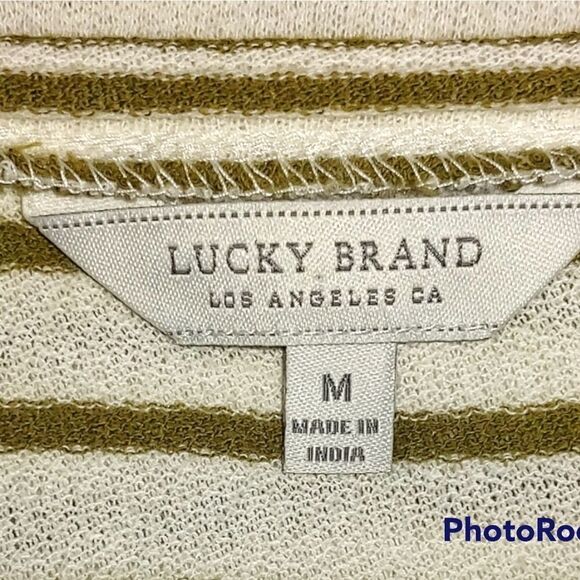 Lucky Brand Stylish cream/green asymetrical ruffle striped long sleeve tee top - Picture 2 of 6